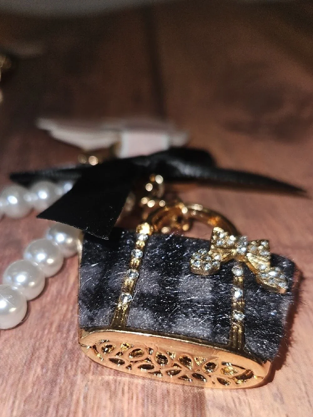 Pearl-Accent Mini Purse Keychain with Black Ribbon New